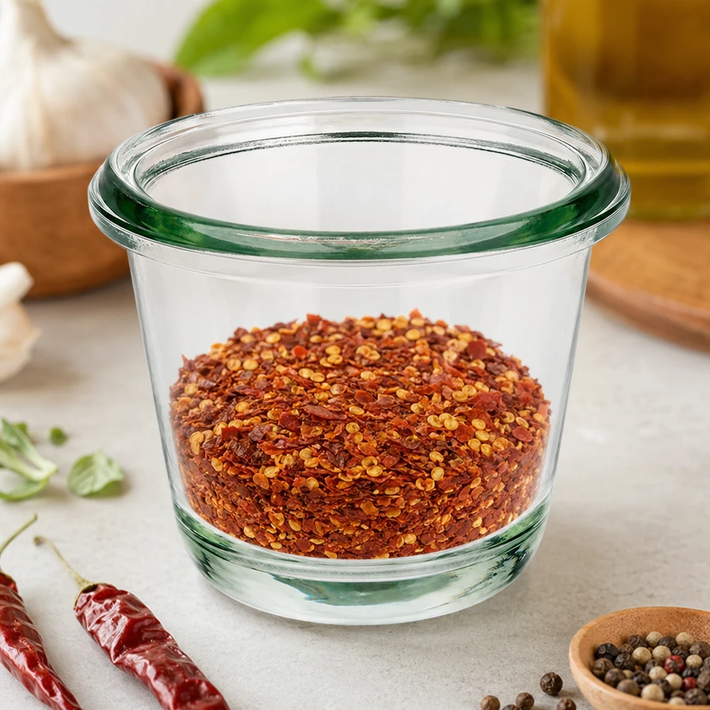 WECK Gourmetglas RR60 80ml mit roten Chilliflocken gefüllt zwischen getrockneten Chilis und Pfefferkörnern