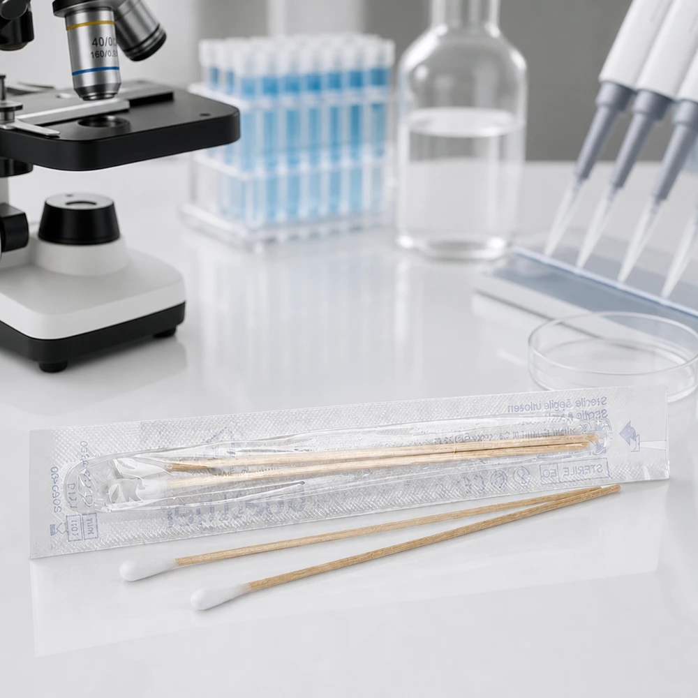 Wattestäbchen STERIL (2 Sück) Sterile Wattestäbchen 2 Stück einzelverpackt mit Holzstiel für professionellen Laboreinsatz Pacadura
