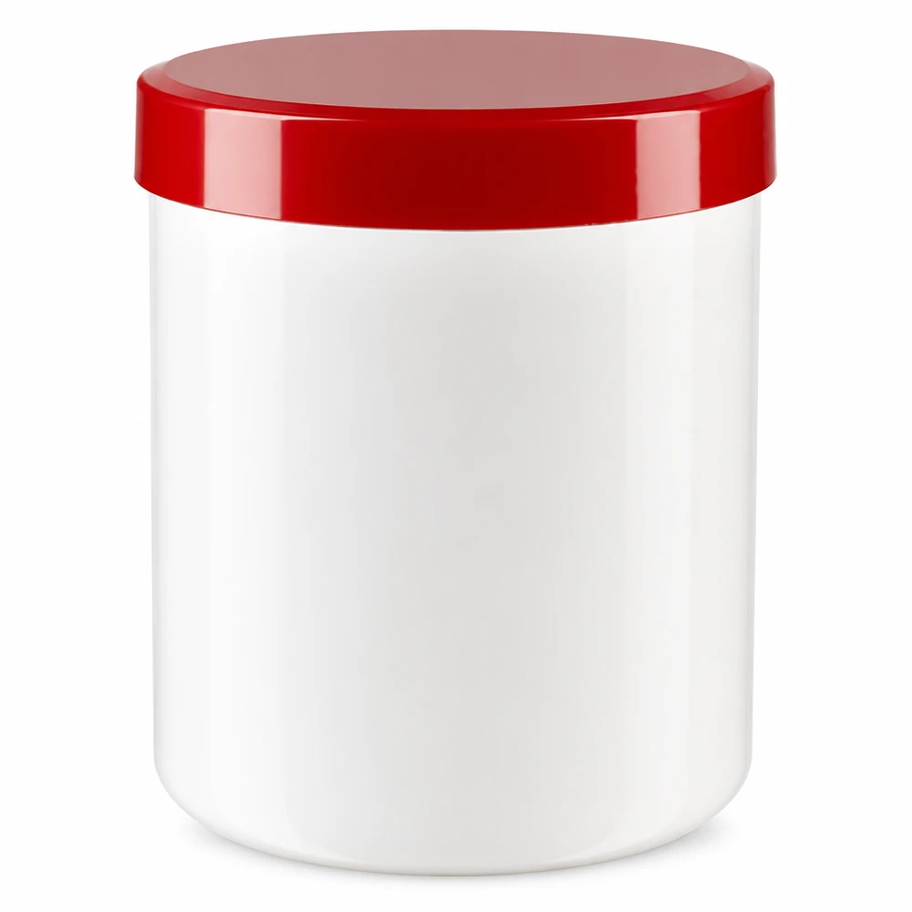 Salbenkruke 100g weiß mit rotem Schraubdeckel (Polypropylen) Salbenkruke 100g weiß PP-Kunststoff mit rotem Schraubdeckel für professionellen pharmazeutischen Einsatz