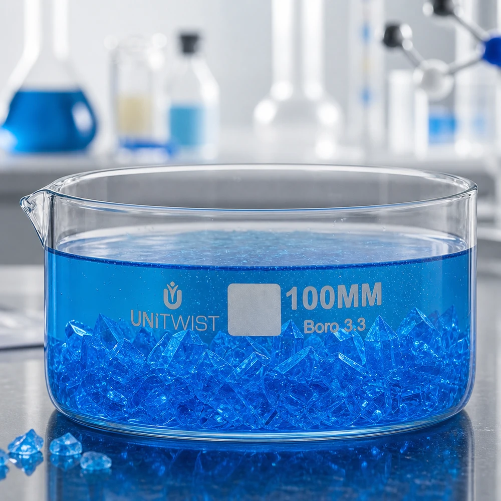 Kristallisierschale 100mm Borosilikatglas 3.3 UNiTWIST mit blauen Kristallen im Labor