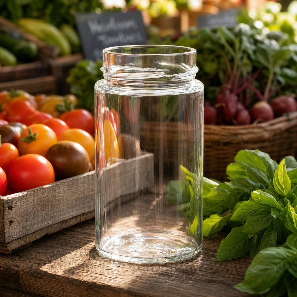 UNiTWIST Runda245 Rundglas 245ml TO58deep Einmachglas transparent auf Holztisch mit frischen Tomaten und Kräutern