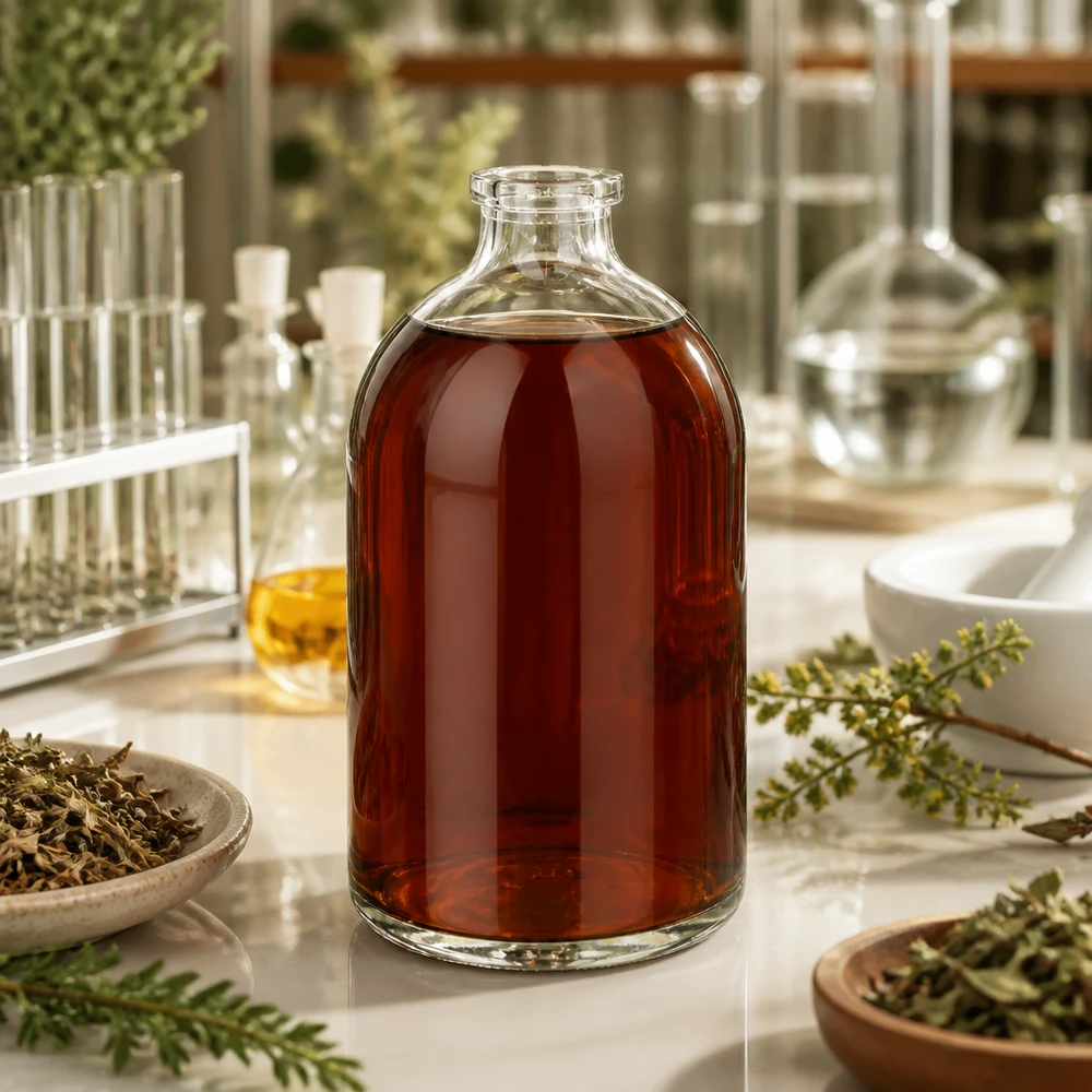Injektionsflasche Klarglas 100ml für professionellen Laboreinsatz mit Kräuterextrakt gefüllt