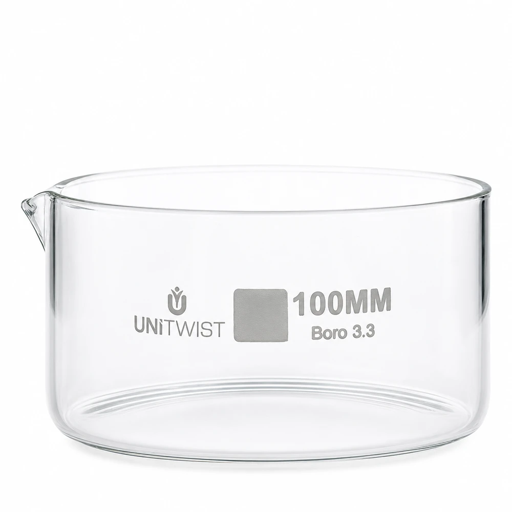 Kristallisierschale 100mm Borosilikatglas 3.3 UNiTWIST mit Ausguss für professionellen Laboreinsatz