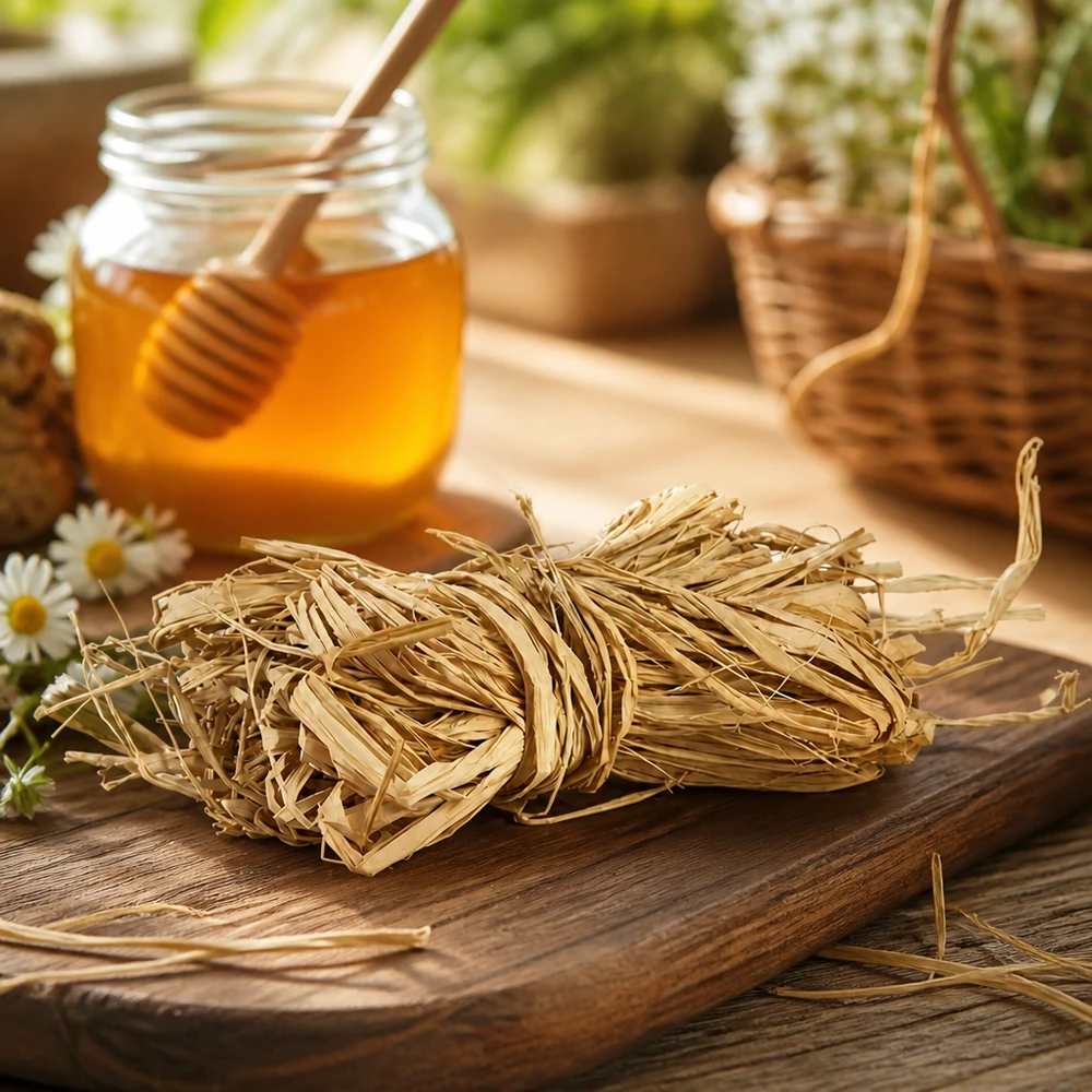 Naturbast zum Dekorieren 30g Naturbast 30g auf Holzbrett mit Honig und Blumen rustikale Deko für natürliche Bastelprojekte und Geschenkverpackung