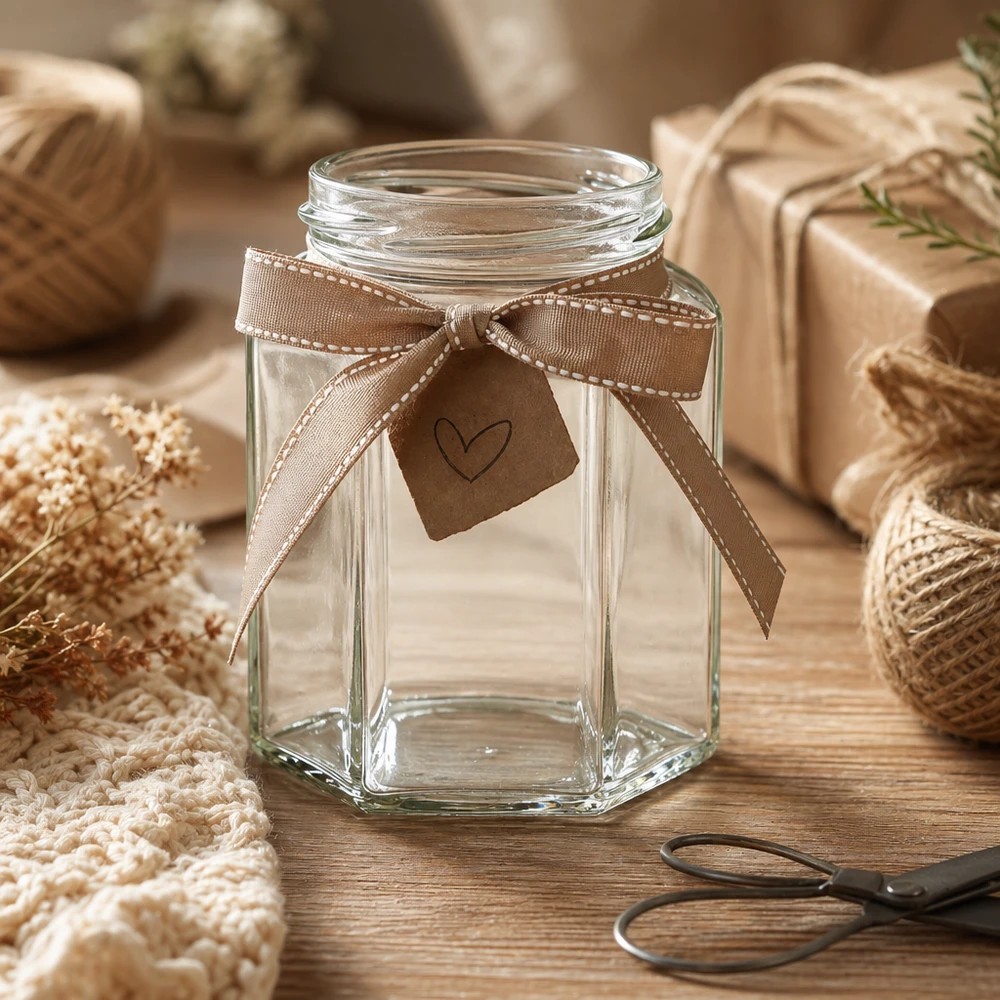 UNiTWIST Hexa288 sechseckiges Einmachglas 288ml mit brauner Schleife und Geschenkanhänger auf Holztisch