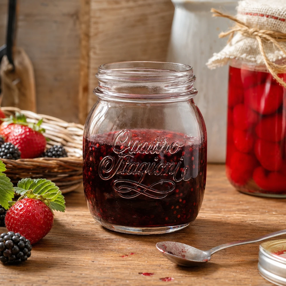 700ml Quattro Stagioni Haushaltsglas mit Beerenkonfitüre gefüllt auf Holztisch mit frischen Erdbeeren und Brombeeren