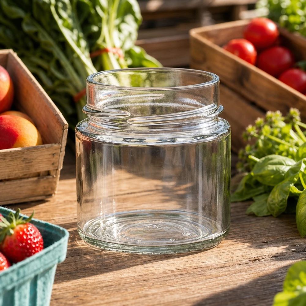 UNiTWIST Runda135 Rundglas 135ml TO58deep Einmachglas auf Holztisch mit frischem Obst und Gemüse