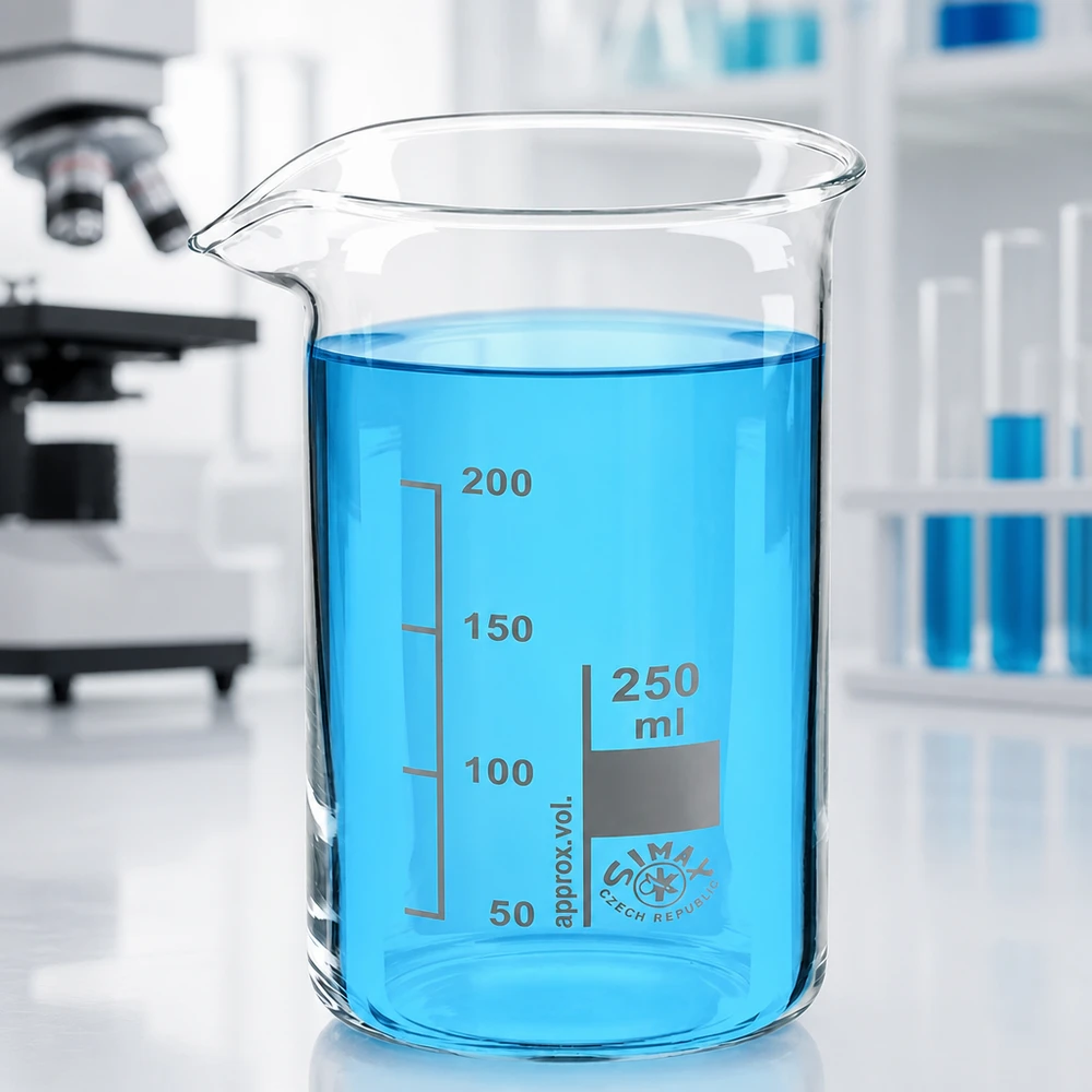 Becherglas 250ml hohe Form aus Borosilikatglas mit blauer Flüssigkeit für professionellen Laboreinsatz