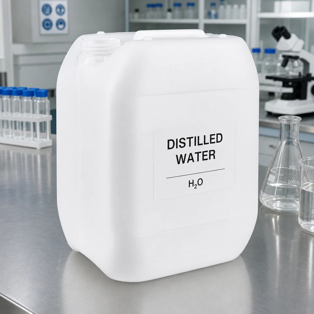 Weißer 10-Liter-Kunststoffkanister für destilliertes Wasser im professionellen Laboreinsatz