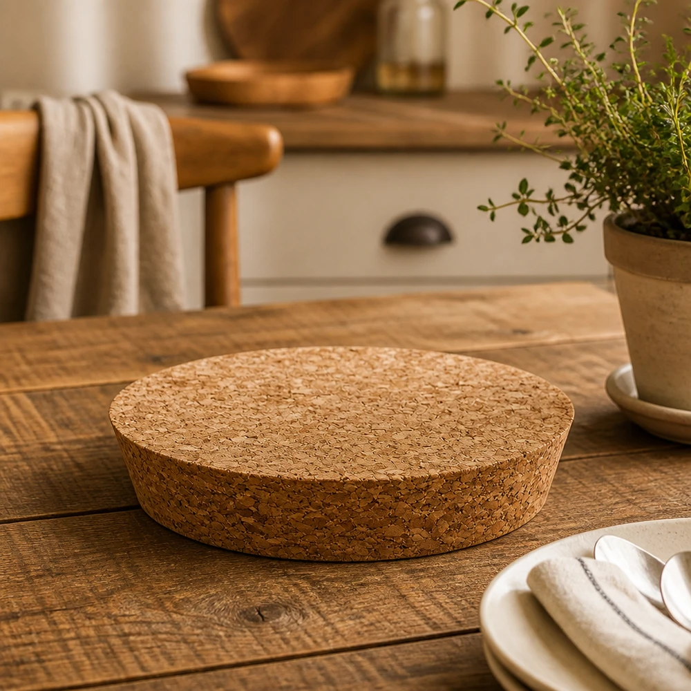 WECK RR100 Korken Detailaufnahme auf Holztisch mit Küchenutensilien und Kräutertopf natürlicher Korkdeckel 20mm Höhe
