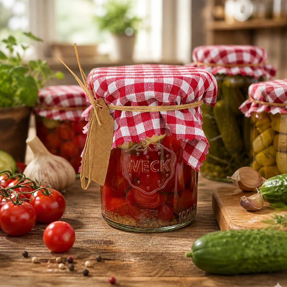 Stoff Schmuckdeckchen bordeaux-kariert 12cm eckig Weckglas mit bordeaux-kariertem Schmuckdeckchen 12cm zwischen frischen Tomaten und Gurken in rustikaler Küche