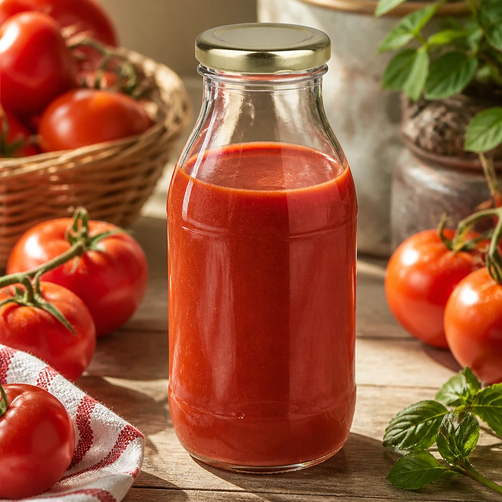 250ml Glasflasche mit goldenem BasicSeal Deckel UniTwist gefüllt mit Tomatensaft für gewerbliche Abfüllung