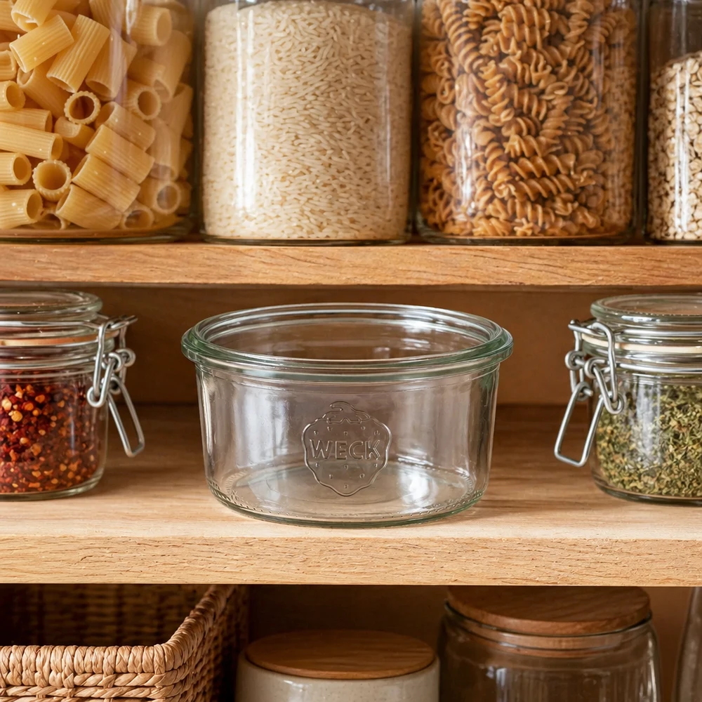 WECK Sturzglas 165ml RR80 in Pantry mit Pasta und Gewürzen - Glasvorratsdose für Küche und Haushalt