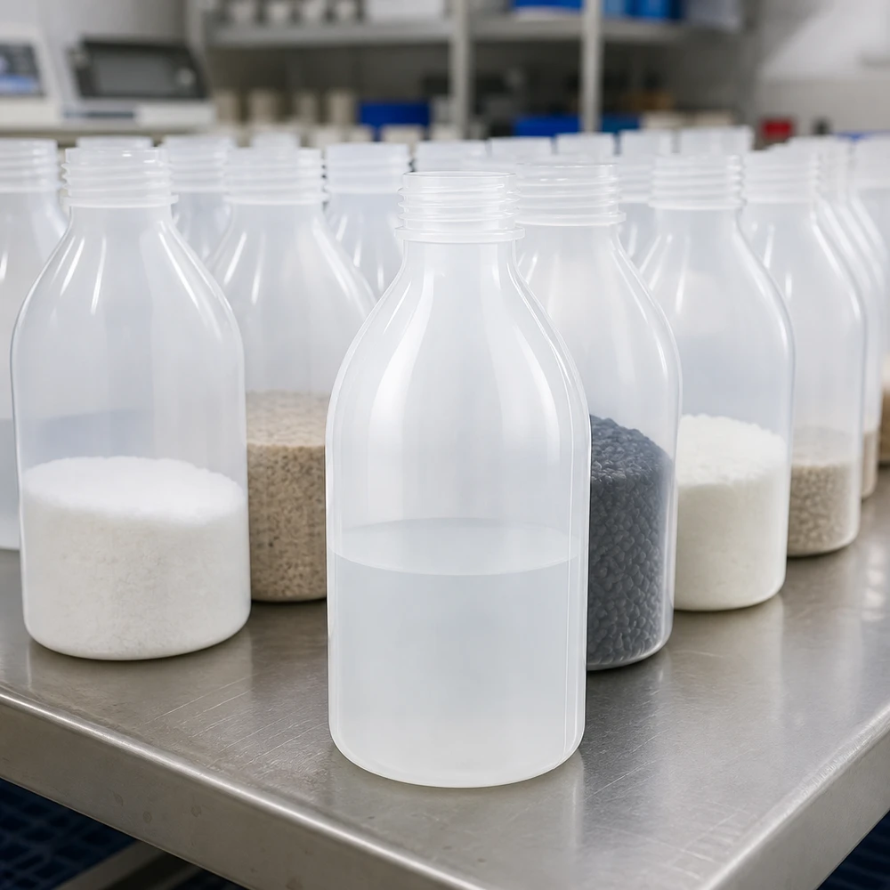 250ml Enghals-Laborflaschen aus Kunststoff auf Edelstahltisch mit verschiedenen Schüttgütern im Labor