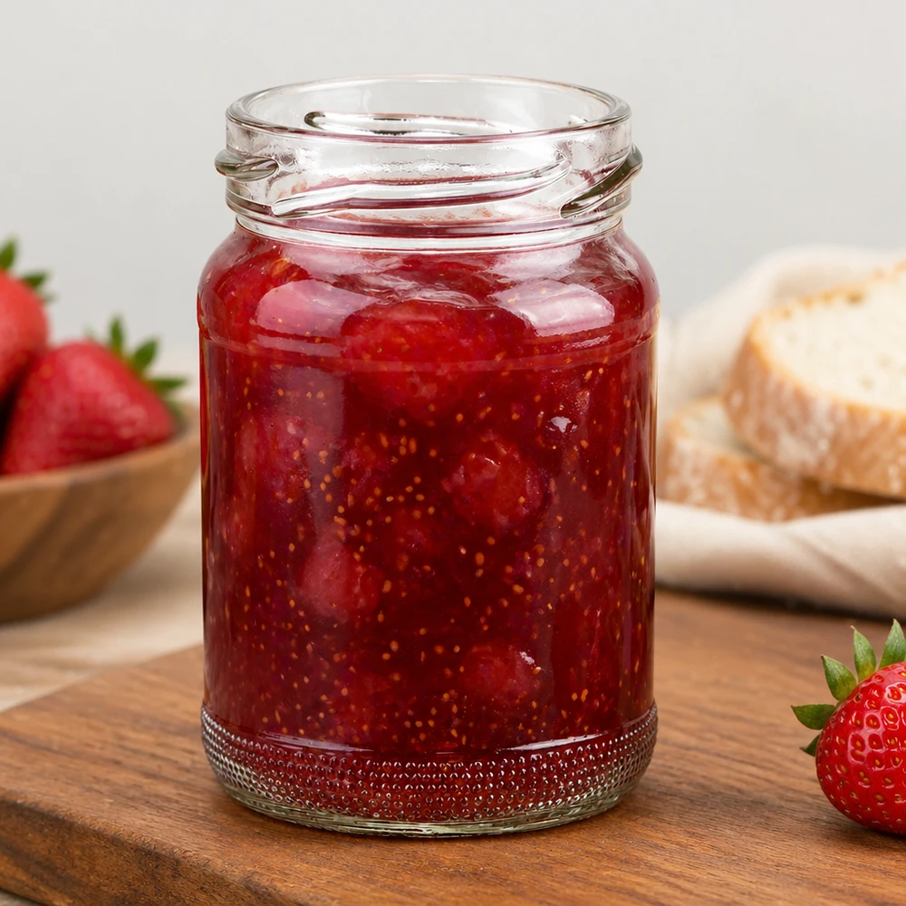 UNiTWIST Runda110 Rundglas 110ml TO48 mit roter Erdbeermarmelade gefüllt auf Holzbrett neben frischen Erdbeeren