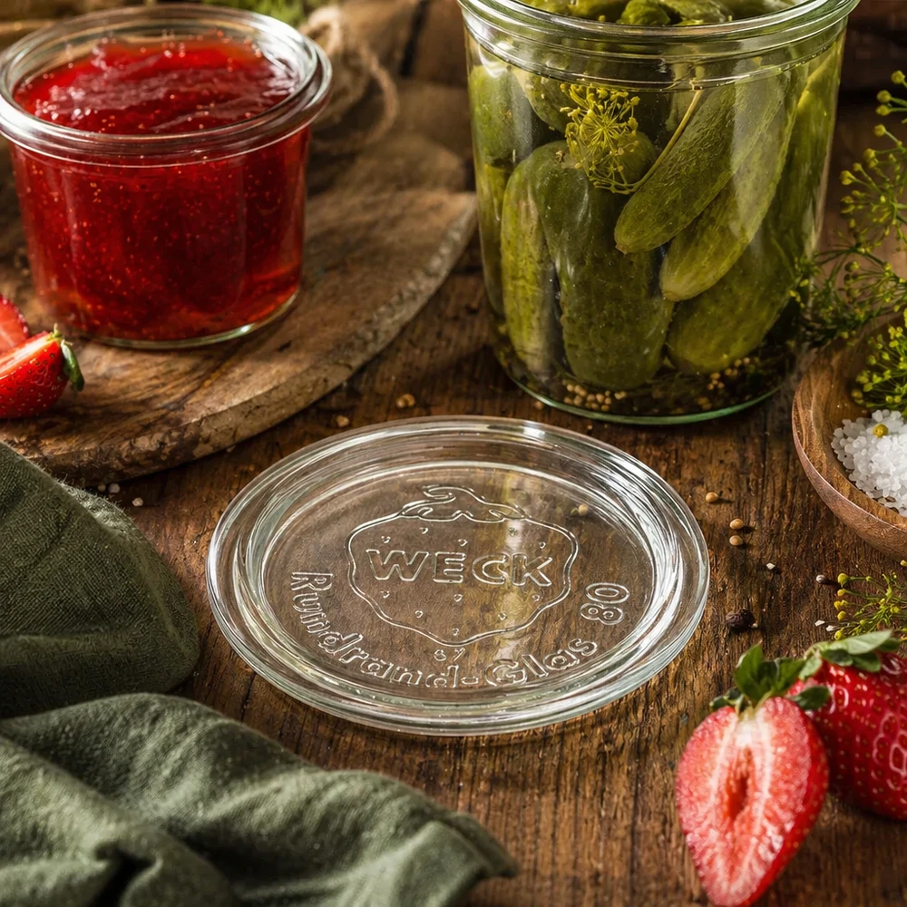 WECK Glasdeckel RR80 WECK Glasdeckel RR80 in natürlicher Küchen-Szene mit Einmachgläsern Gurken und Marmelade auf Holztisch