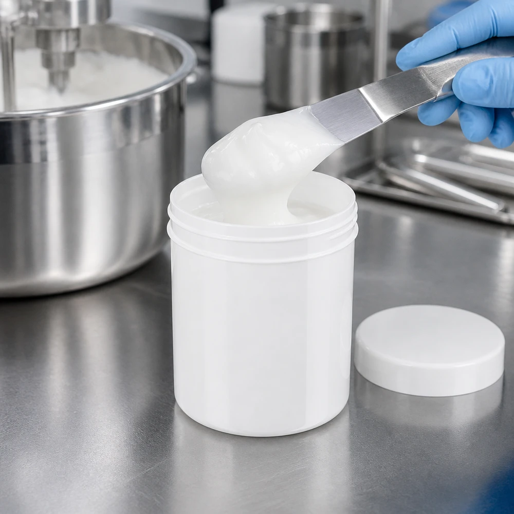 Salbenkruke 200g weiß mit weißem Schraubdeckel (Polypropylen) Weiße PP-Salbenkruke 200g mit Schraubdeckel für professionelle Abfüllung kosmetischer Cremes