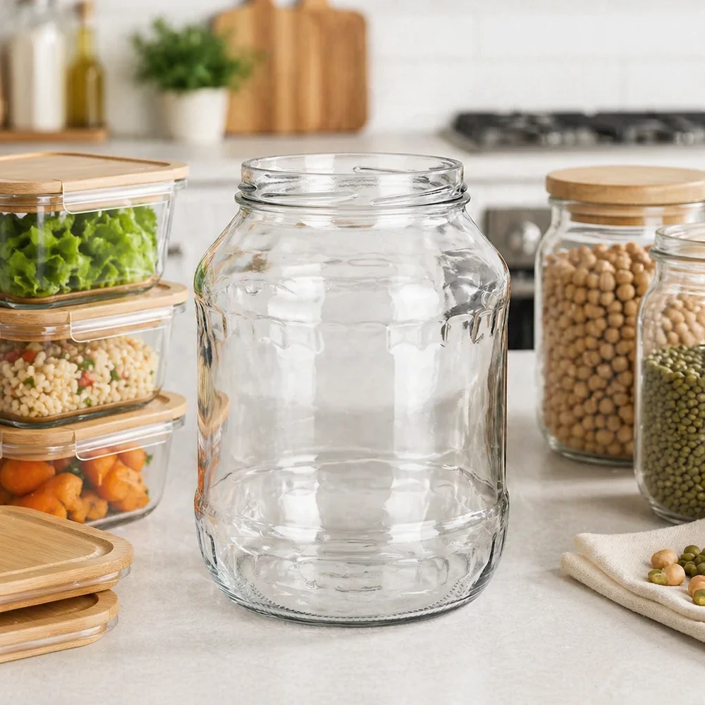 Rundes Sturzglas 2650ml UNiTWIST Runda2650 in moderner Küche zwischen Vorratsbehältern mit Hülsenfrüchten
