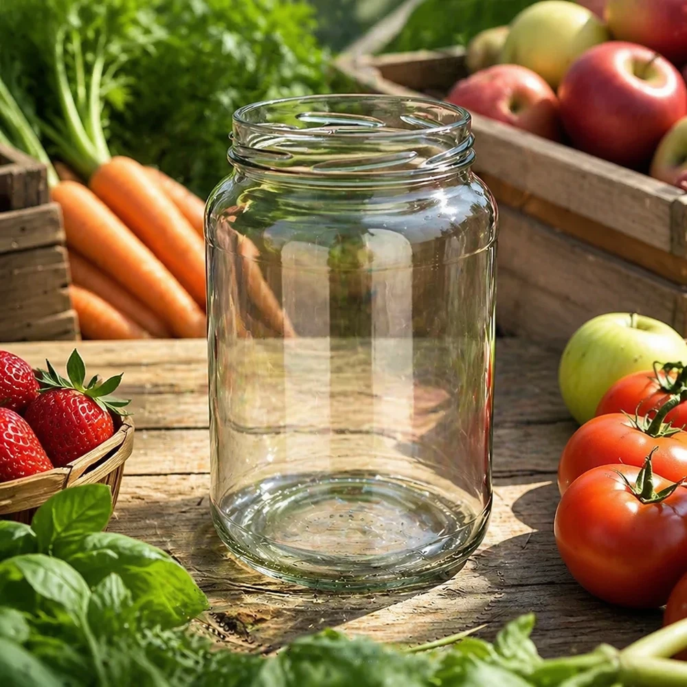 UNiTWIST Runda1700 Sturzglas 1700ml TO100 leer zwischen frischem Gemüse Obst Holztisch Einmachen Konservieren natürlich