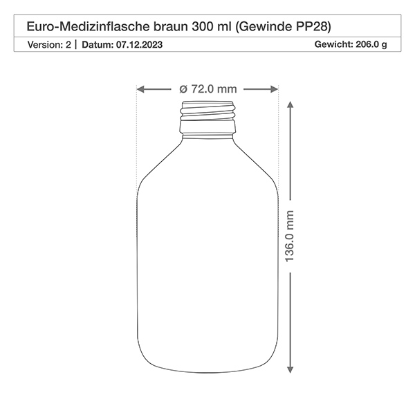 300ml Medizinflasche braun, ohne Verschluss PP28 ApoGlas