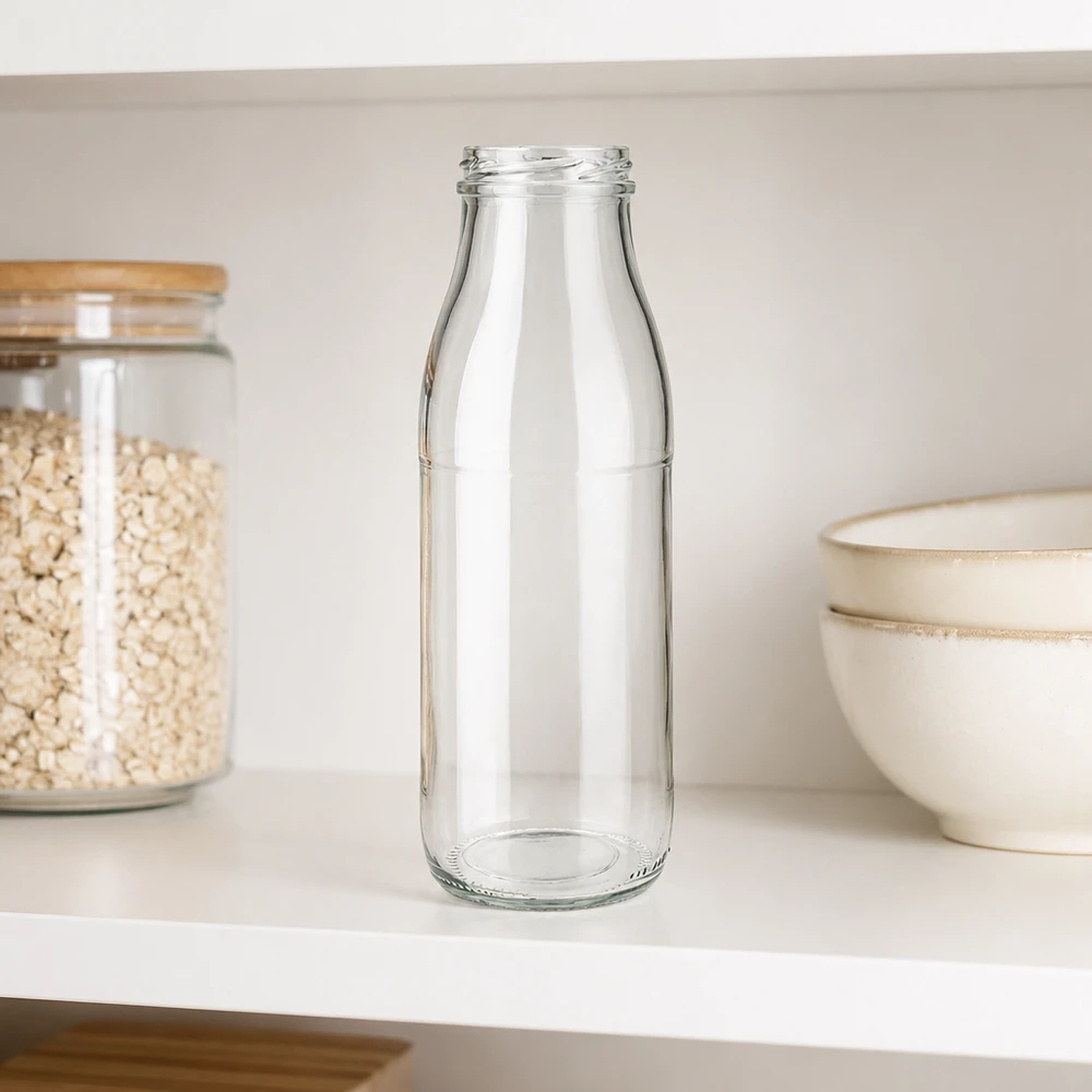 500ml Glasflasche ohne Deckel (TO48) UNiTWIST 500ml Glasflasche TO48 UNiTWIST ohne Deckel auf weißer Küchenablage neben Müslischale und Vorratsglas