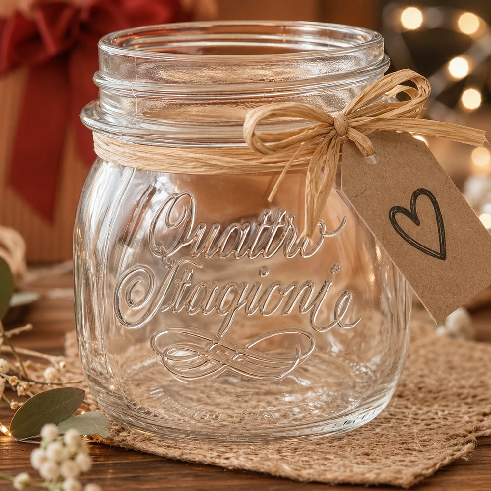 250ml Rundglas "Quattro Stagioni" QS70mm 250ml Quattro Stagioni Haushaltsglas mit Schleifenband und Herzanhänger als Geschenkidee für die Küche