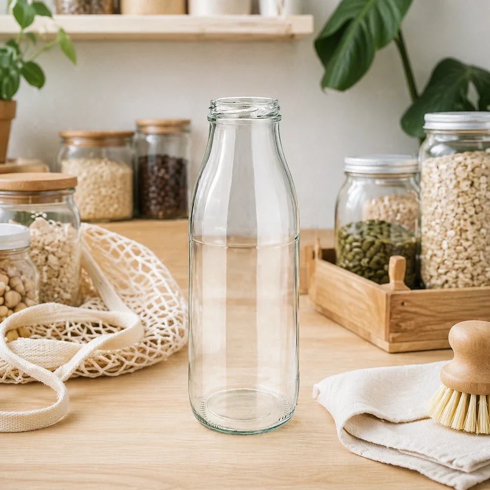 500ml Glasflasche ohne Deckel (TO48) UNiTWIST 500ml Glasflasche TO48 UNiTWIST leer in nachhaltiger Zero-Waste Küche mit Vorratsgläsern und Naturfasern