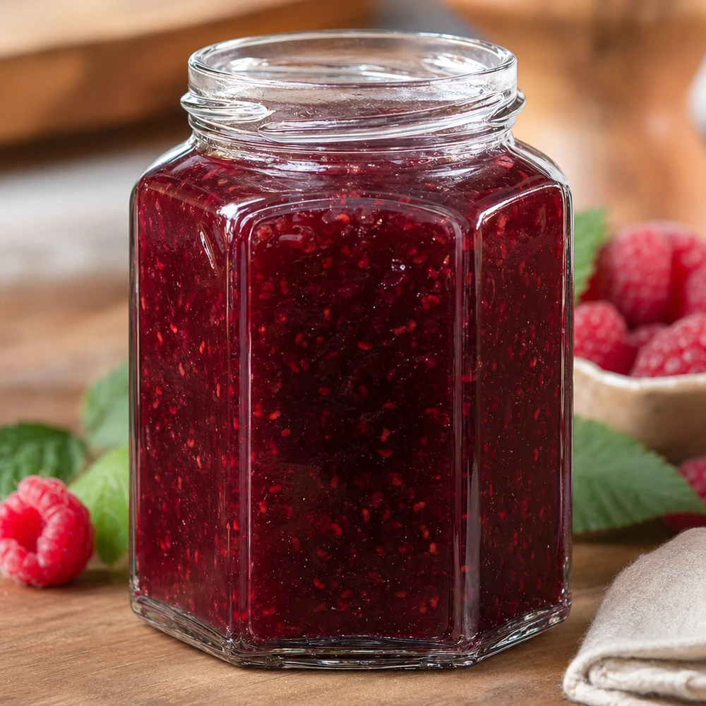 UNiTWIST Hexa288 sechseckiges Marmeladenglas 288ml mit roter Himbeermarmelade gefüllt auf Holztisch
