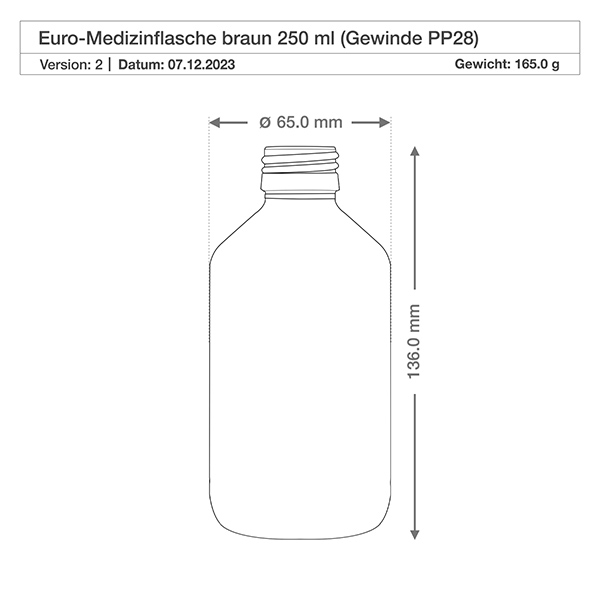 250ml Medizinflasche braun, ohne Verschluss PP28 ApoGlas