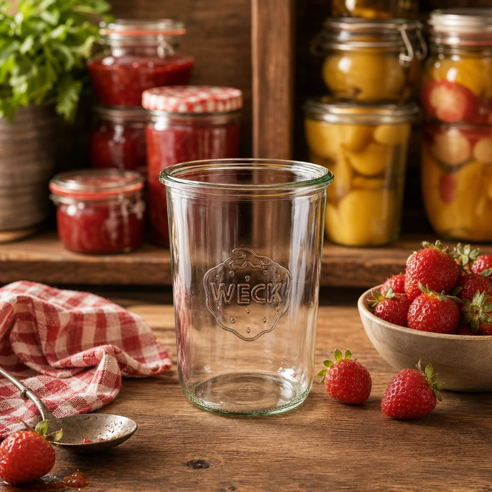 850ml WECK Sturzglas RR100 Einmachglas transparent mit Logo auf Holztisch neben frischen Erdbeeren und Marmeladengläsern
