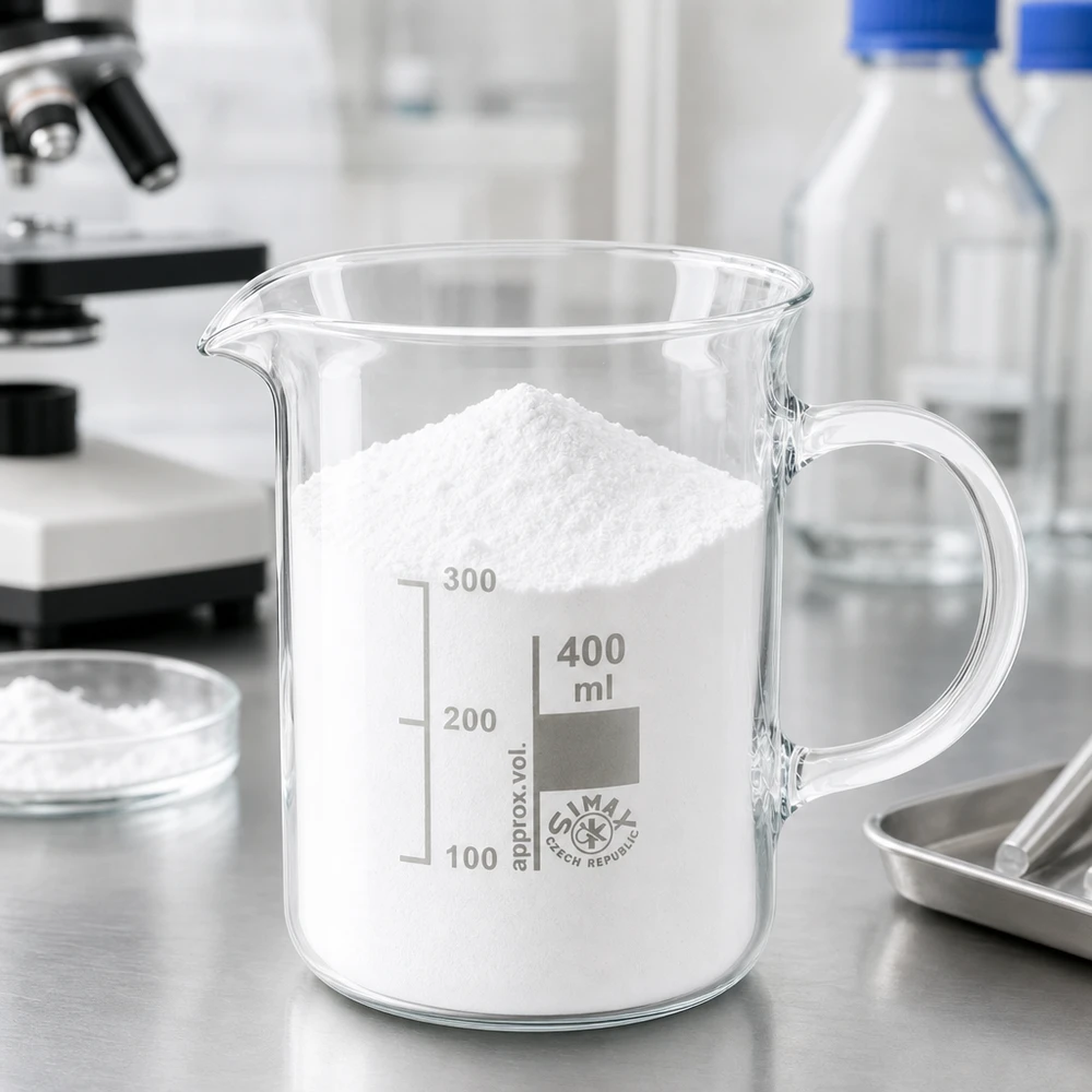 Becherglas 400ml Borosilikatglas mit Henkel gefüllt mit weißem Pulver im Labor Profi-Laborbedarf