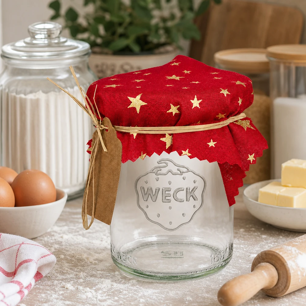 Professionelles rotes Sterne-Schmuckdeckchen 12cm eckig WECK Glas Küchen-Ambiente Bäckerei Konditorei Einsatz