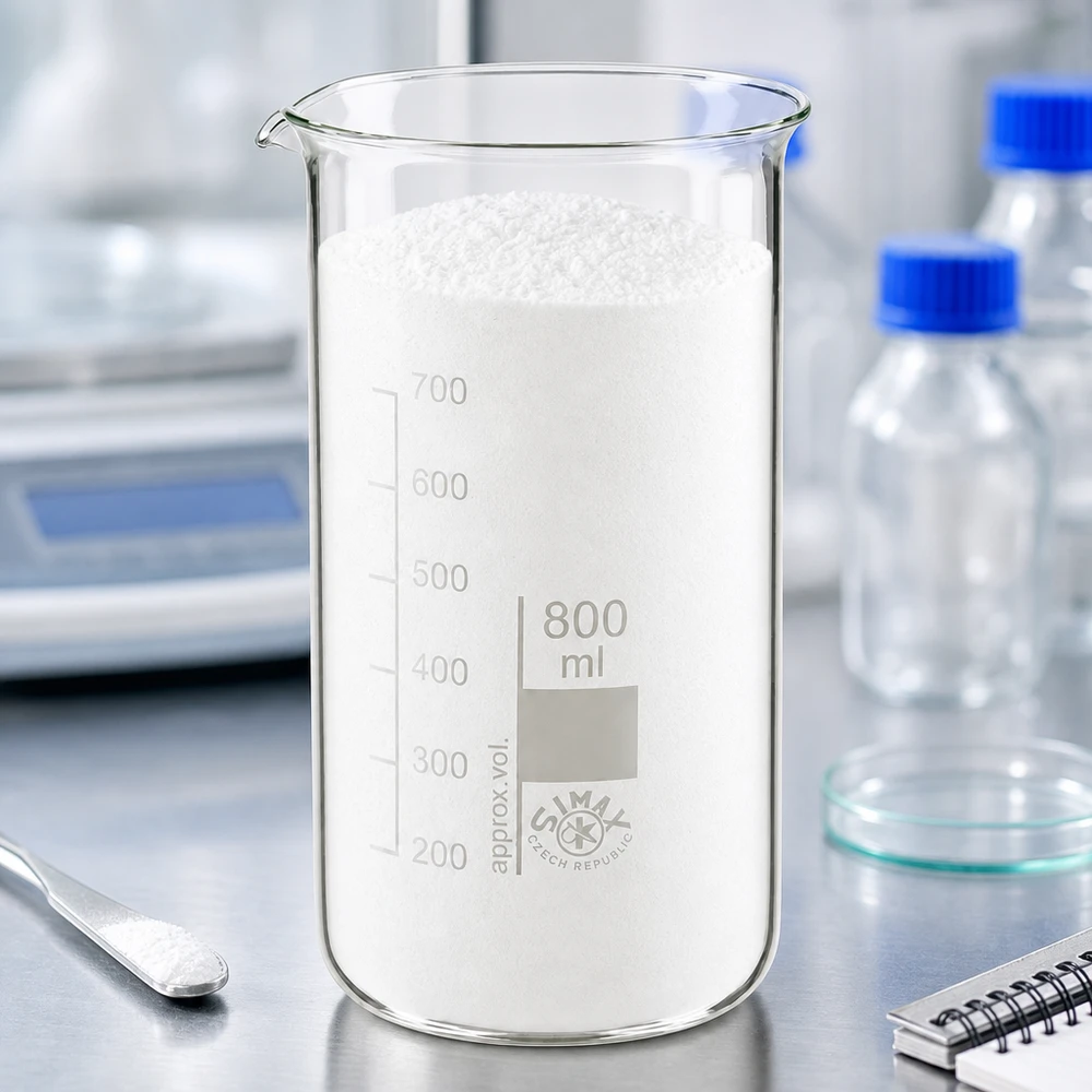 Becherglas 800ml hohe Form aus Borosilikatglas mit weißem Pulver gefüllt im Labor