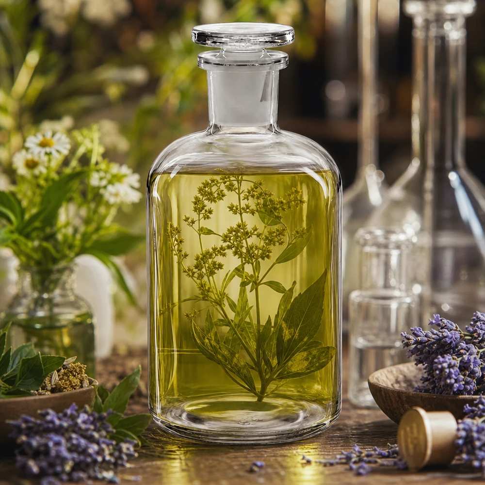 Rundschulterflasche 500ml Klarglas Enghals mit Glasstopfen für Kräuteröle und Laboranwendungen