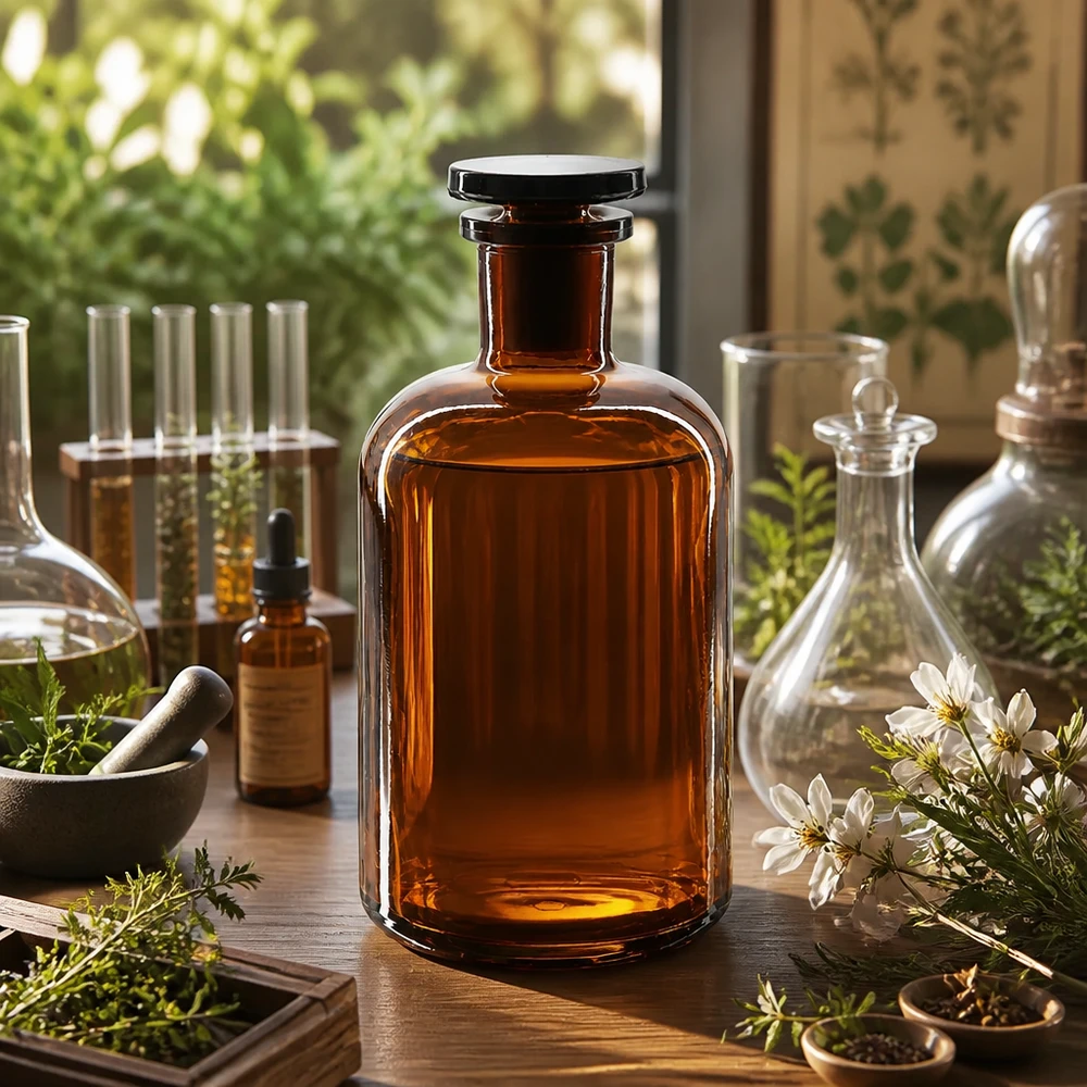 Rundschulterfl. 500ml braun Enghals Glasstopfen Rundschulterflasche 500ml Braunglas Enghals mit Glasstopfen für Labor und Fachhandel Pacadura