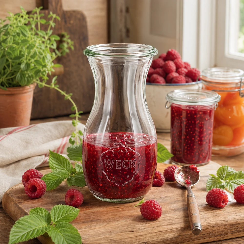 290ml Saftflasche WECK RR60 WECK Saftflasche 290ml RR60 mit Himbeermarmelade gefüllt umgeben von frischen Himbeeren und Minzblättern auf Holzbrett