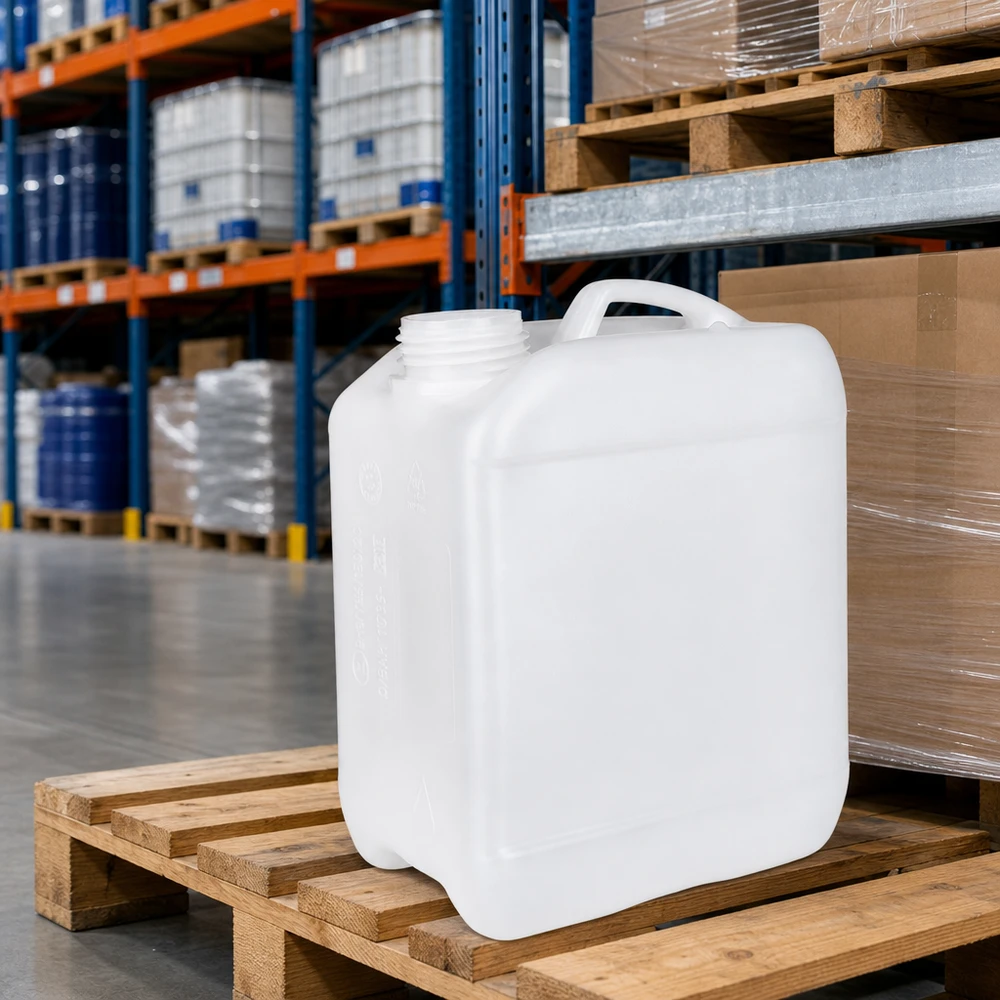 Kanister 2.5 Liter ohne Verschluss Weißer HDPE-Kanister 2,5 Liter ohne Verschluss auf Palette im Lager für gewerblichen Einsatz