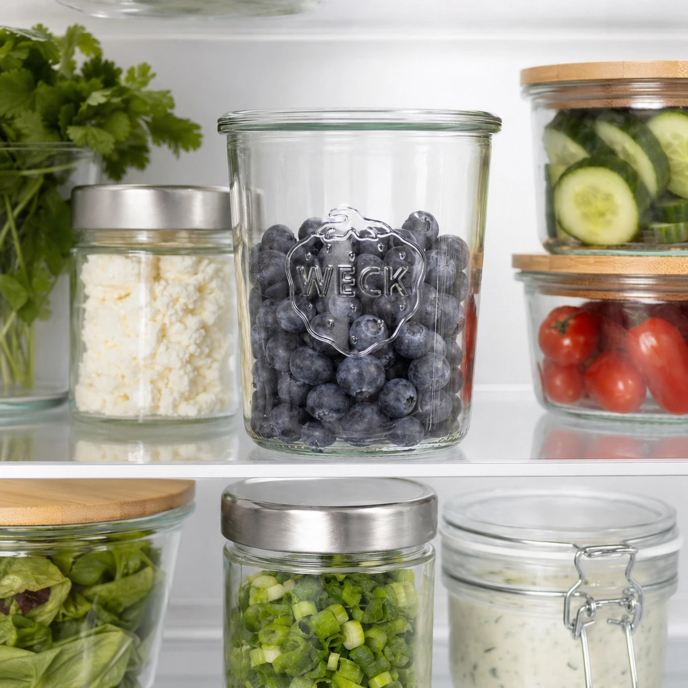 850ml WECK RR100 Sturzglas mit Blaubeeren gefüllt in Kühlschrank neben anderen Vorratsgläsern mit Gemüse