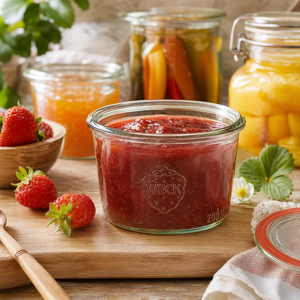 200ml WECK Sturzglas RR80 mit Erdbeermarmelade gefüllt auf Holzbrett neben frischen Erdbeeren und Einmachgläsern