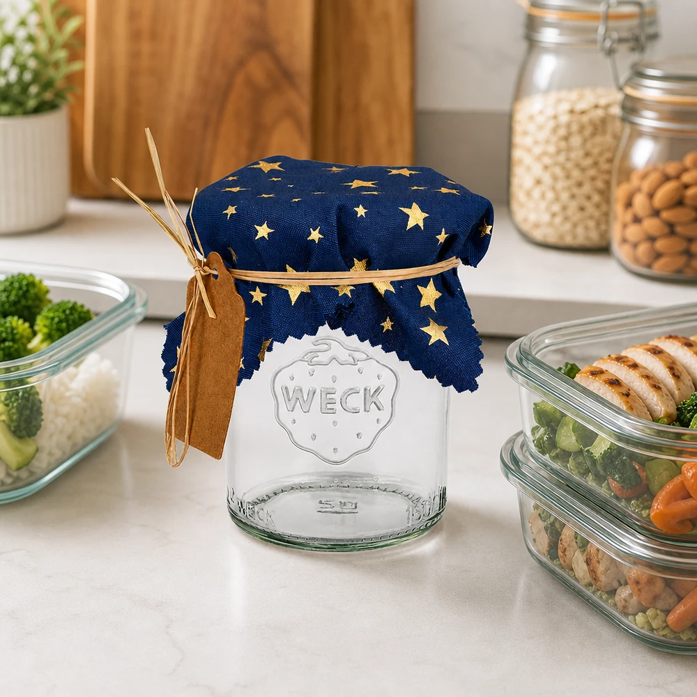 Stoff Schmuckdeckchen blau "Sterne" 12cm eckig Blaues Sternen-Stoffdeckchen 12cm auf WECK-Glas in moderner Küche mit Meal-Prep-Schüsseln und Vorratsgläsern