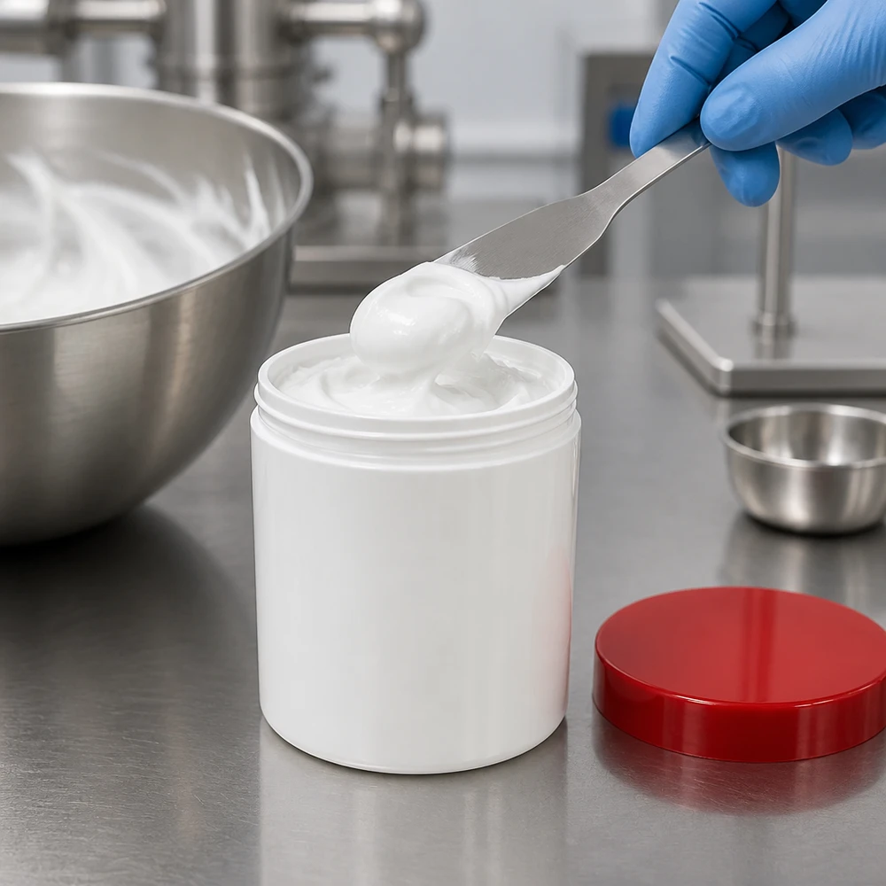 Salbenkruke 200g weiß mit rotem Schraubdeckel (Polypropylen) Salbenkruke 200g weiß PP-Kunststoff mit rotem Schraubdeckel für professionelle Abfüllung pharmazeutischer Cremes