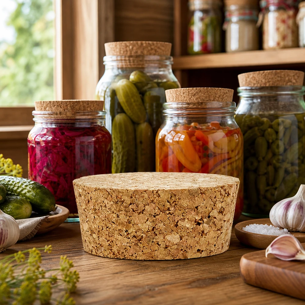 Korken für Öffnung 40mm WECK RR40 (ø38/43, H=20mm) Korken RR40 für WECK Einmachgläser mit fermentierten Gurken Sauerkraut in rustikaler Küche Naturkork Verschluss 40mm