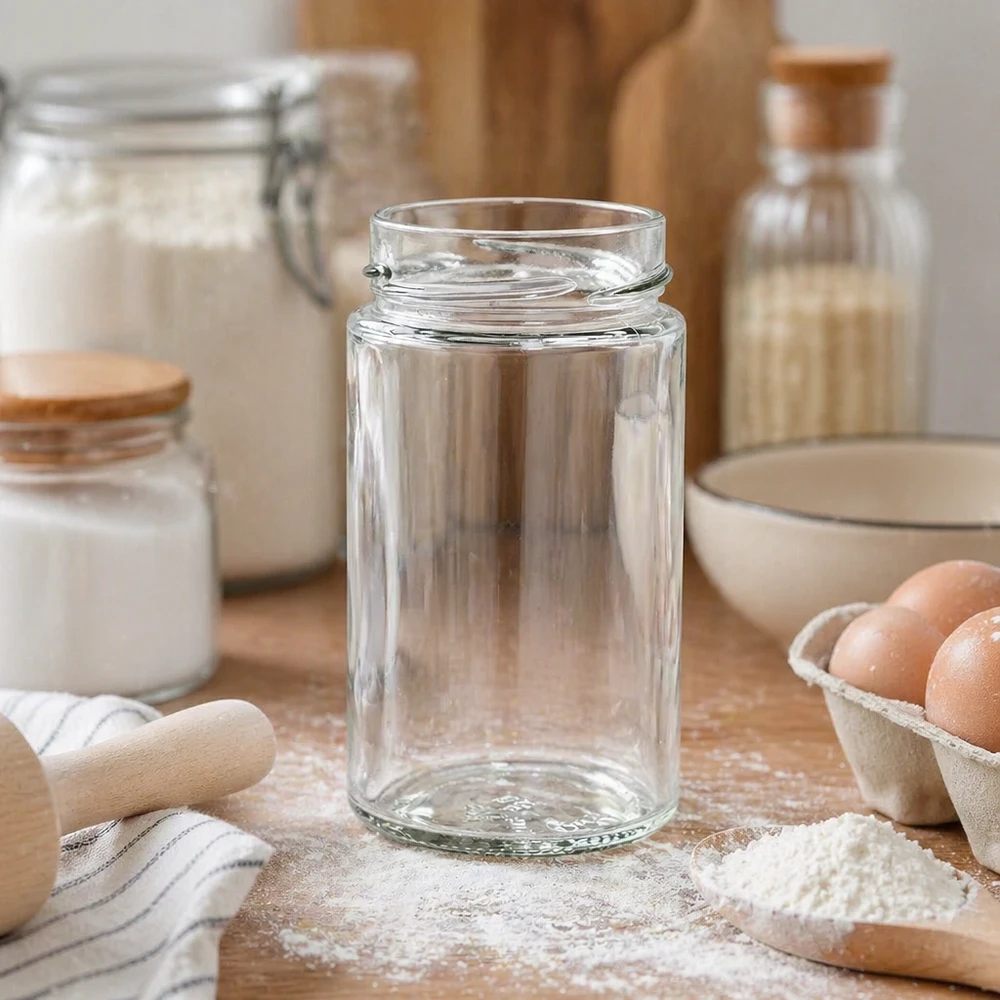 UNiTWIST Runda245 Rundglas 245ml TO58deep Klarglas für professionelle Abfüllung in Küche mit Eiern und Mehl