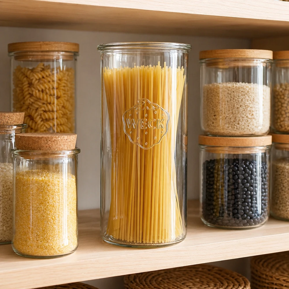1500ml Sturzglas WECK RR100 1500ml WECK Sturzglas RR100 mit Spaghetti gefüllt in organisierter Vorratsschrank Aufbewahrung neben anderen Gläsern