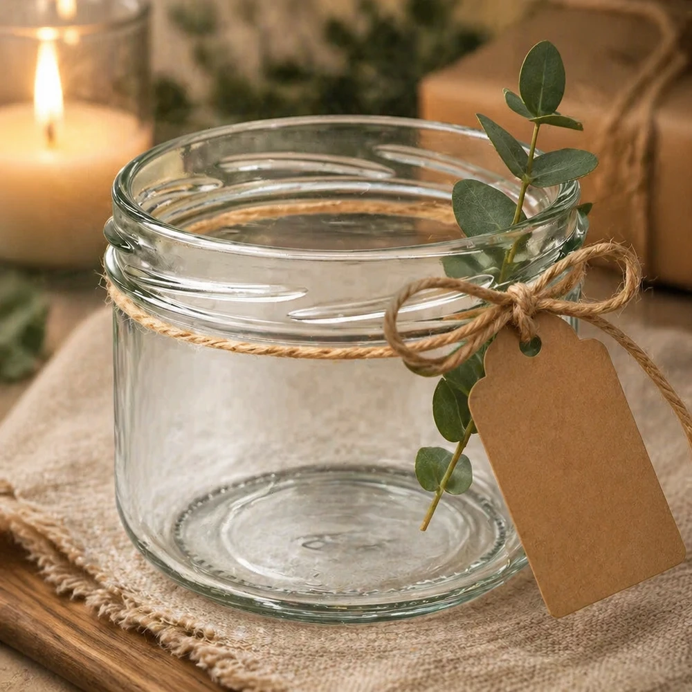UNiTWIST Sturz260 Rundglas 260ml TO82 Einmachglas leer mit Juteband Etikett und Eukalyptus dekoriert