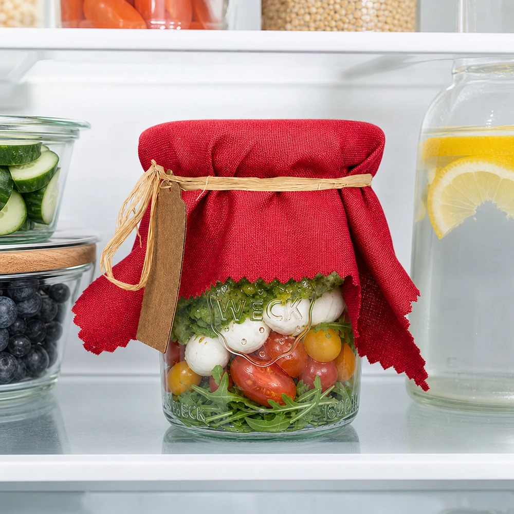 Bordeauxrotes Stoff Schmuckdeckchen 15cm eckig auf Gemüsesalat-Glas im Kühlschrank neben Gurken und Zitronenwasser