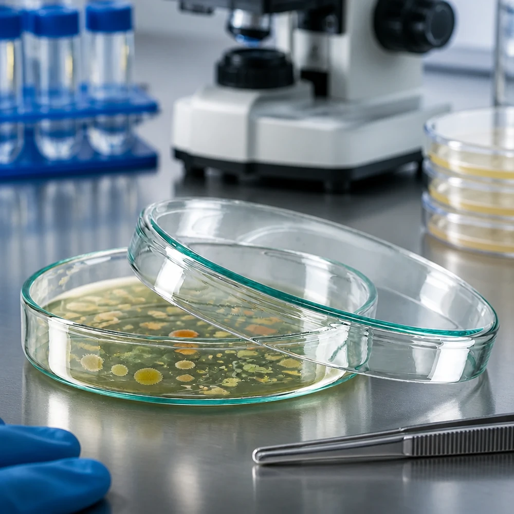 Petrischale 100x20mm aus Borosilikatglas mit Bakterienkulturen im Labor für professionellen mikrobiologischen Einsatz