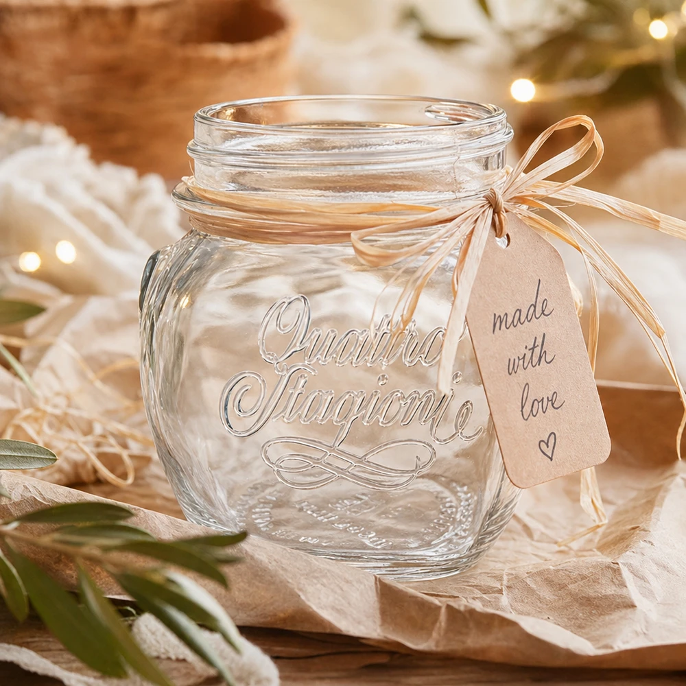 300ml Rundglas "Quattro Stagioni" QS70mm 300ml Quattro Stagioni Haushaltsglas mit Deckel und Schleife als Geschenkverpackung auf Holztisch