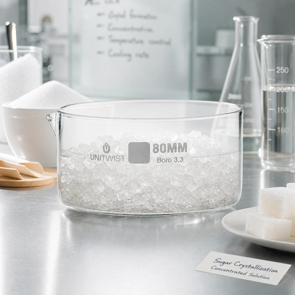 Kristallisierschale 80mm Borosilikatglas Boro 3.3 UNiTWIST für professionelle Zuckerkristallisation Labor