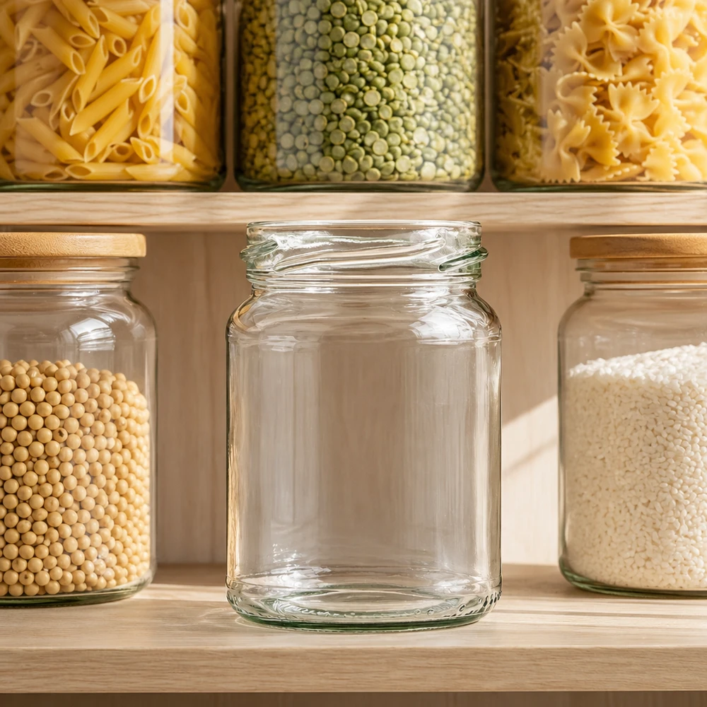 UNiTWIST Runda205 Rundglas 205ml TO58 leeres Einmachglas in Küche mit gefüllten Vorratsgläsern Pasta Linsen Reis